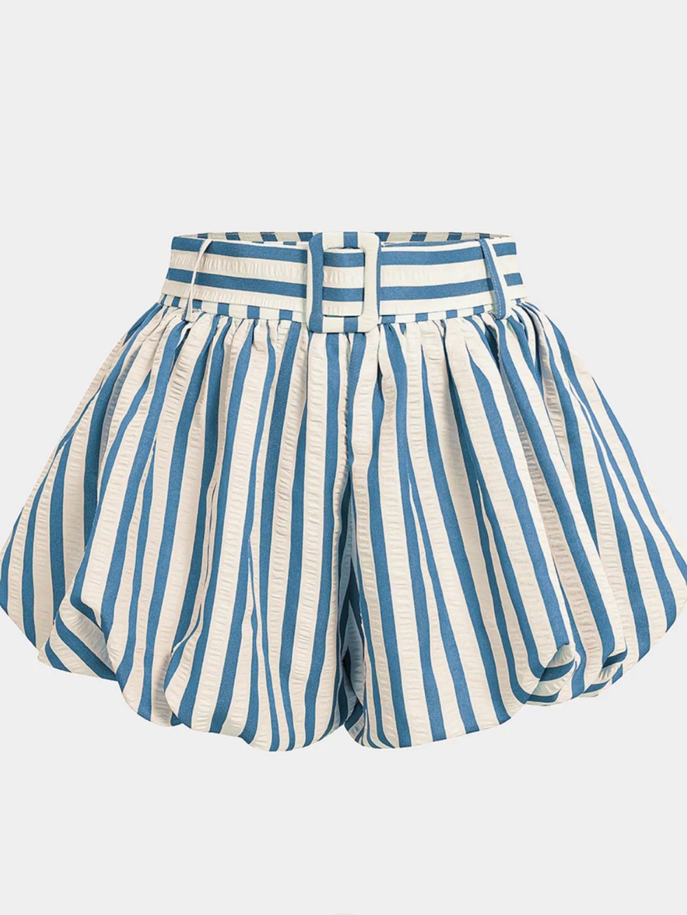 High-Waist Blue & White Striped Belted Shorts